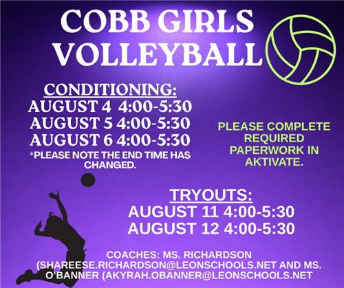 Conditioning Aug 4-6, tryouts Aug, 11 & 12