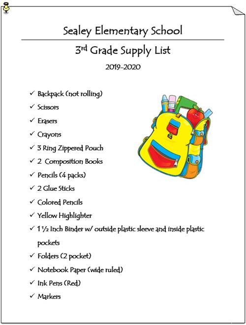 School Supply Lists Third Grade