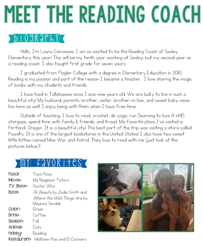 A document introducing the reading coach, Laura Camoesas, and her hobbies. 