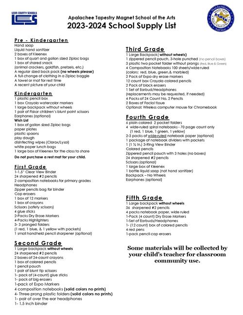 Updated School Supply List - Alba Middle School